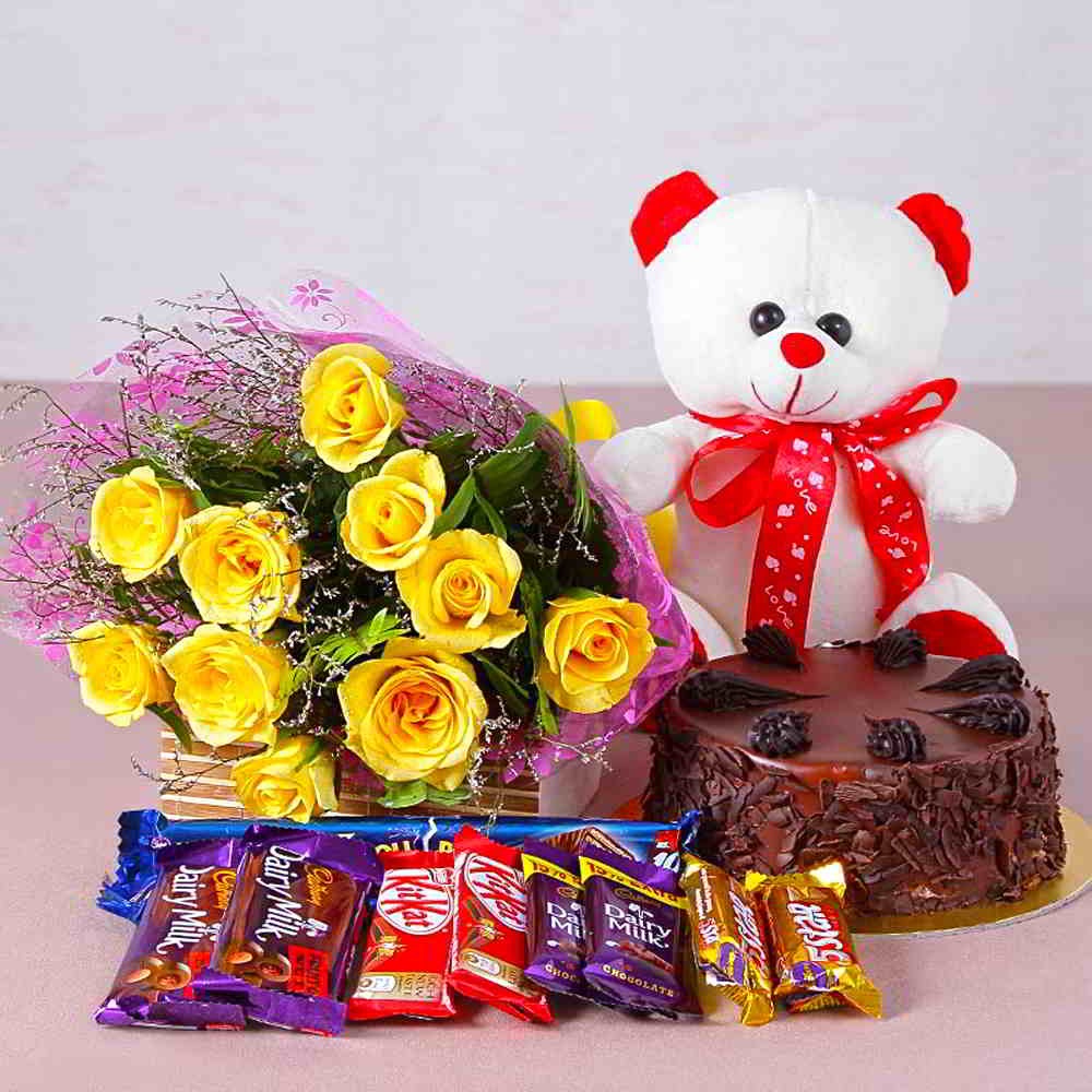 Yellow Roses Chocolate Teddy With Cake